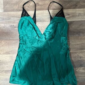 Topshop Teal Satin Top with Lace Detail